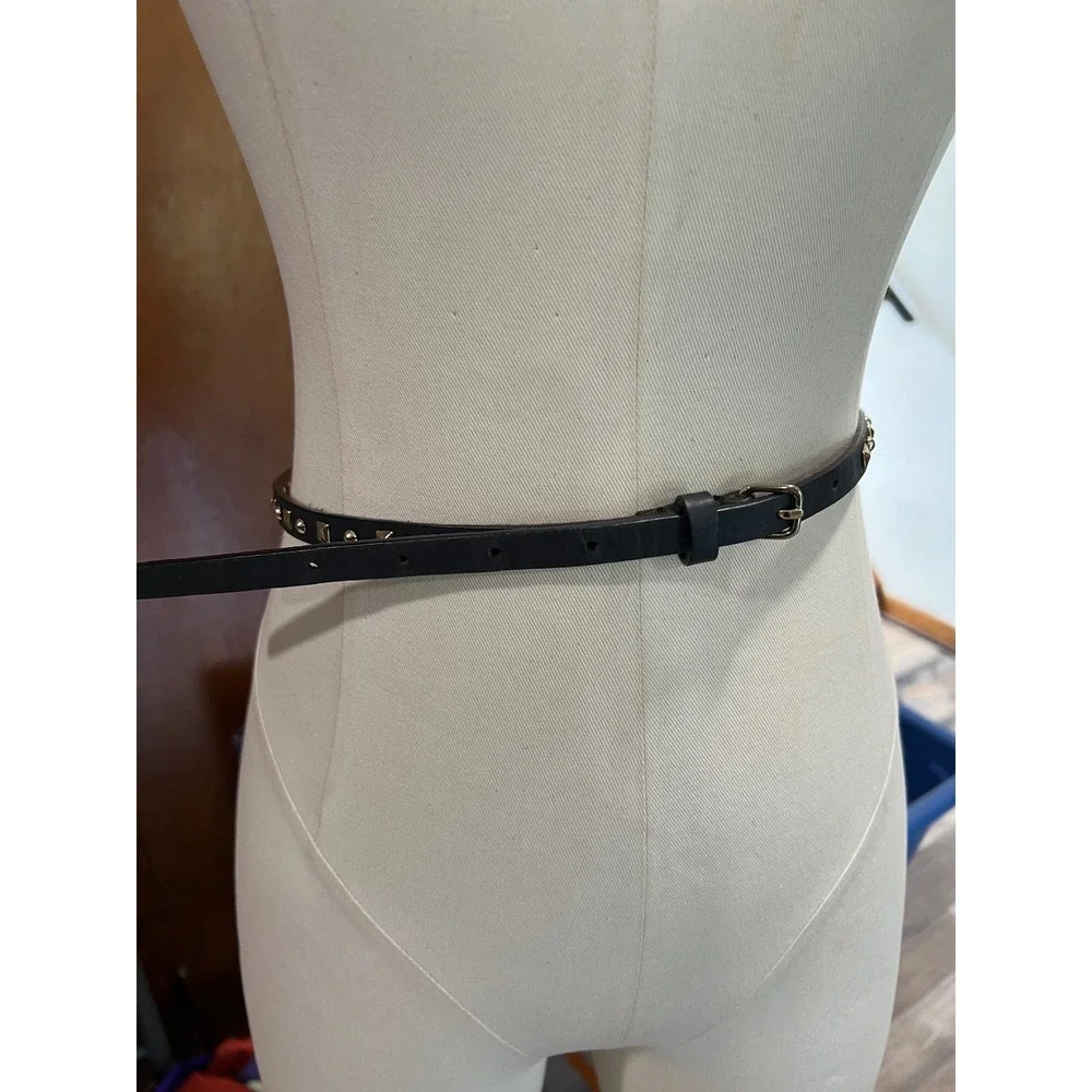 J.Crew Black Leather Skinny Studded Belt Gold Hardware Slim 35 Inch
